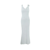 Women Slim Fit Sexy Evening Dress Deep V Plunge neck Backless Floral Decorative Shoulder Strap Fishtail Dress