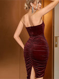Velvet Pleated Tube Top Evening Dress