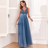 Patchwork Stretch Waist Sleeveless V Neck Evening Dress with Tulle Embroidery ¨C Elegant, Long, and Swingy Party Dress