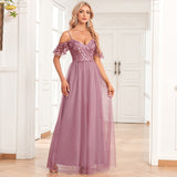 Women Elegant Off The Shoulder Strap Sleeve Double V Neck Tulle Stitching Embroidered Sequ A Swing Long Party Evening Dress