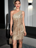 Shoulder Tassel Stitching Sequ Dress Evening Dress