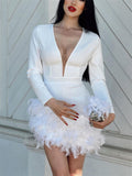 TARUXY Deep V Neck Mini Dress For Women Feathers Patchwork Sexy Bodycon Dresses Ladies Slim Solid Party Prom Dress Woman 2025
