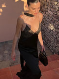 TARUXY Lace Splice Maxi Dresses For Women Sexy Deep V Neck Mesh Slim Dress Woman Temperament Clubwear Party Evening Dress Femme