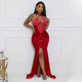 Lace up Halterneck High Slit Solid Color Rhinestone Dress Sexy Evening Dress with Mesh Oversleeve
