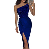 Women Clothing Solid Color Sexy Sequin Split Maxi Dress Elegant One Shoulder Evening Dress ¨C Best for Special Occasions