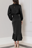Elegant Solid Flounce Fold Turtleneck Evening Dress