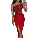 Women Clothing Solid Color Sexy Sequin Split Maxi Dress Elegant One Shoulder Evening Dress ¨C Best for Special Occasions