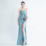 Gathers Sequ Handmade Floral Split Sling Simple Evening Dress