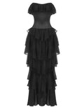 Vintage Black Strapless Ruffle Gown ¨C Sheer Waist-Cinching Evening Dress for Gala & Runway