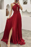 Elegant Solid Fold Halter Evening Dress Dresses