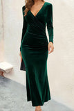 Velvet V-neck pleated hip skirt elegant fishtail slim dress evening dress