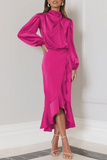 Elegant Solid Flounce Fold Turtleneck Evening Dress
