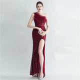 Heavy Industry Ostrich Hair Craft Bundle Hair Evening Dress with Oblique Shoulder Slit