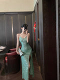 Green Sequin High-Slit Evening Dress ¨C Elegant Party & Formal Gown