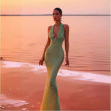 Sleeveless Halter Deep V Sequin Prom Dress