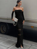 TARUXY Knitted Tassel Maxi Dresses For Women Hollow Out Sexy Bodycon Dress Women's Off The Shoulders Elegant Evening Dress Woman