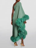 Spring Summer Women Clothing Feather One Shoulder Large Swing Evening Dress ¨C Elegant and Stylish Option for Special Occasions