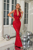 Sleeveless Halter Deep V Sequin Prom Dress