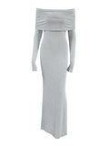 Long Sleeves Skinny Pleated Solid Color Split-Joint Off-The-Shoulder Evening Dresses Maxi Dresses