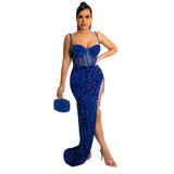 Hip Spaghetti Straps Chest Wrap Maxi Dress Sequined Lining Sexy Evening Dress Dress with Chest Cotton