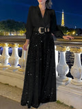 TARUXY Splice Sequins Maxi Dresses For Women Fashion Folds Loose V Neck Elegant Dress Femme Party Evening Dresses Luxury 2025