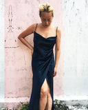 Dark Blue Organic Silk Cowl Neck Slip Dress