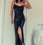 Dark Blue Organic Silk Cowl Neck Slip Dress