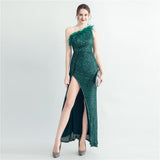 Hand Nailed Ostrich Feather Off Shoulder Sequined Evening Dress with Roman Collar