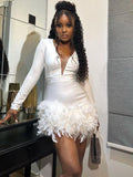 TARUXY Deep V Neck Mini Dress For Women Feathers Patchwork Sexy Bodycon Dresses Ladies Slim Solid Party Prom Dress Woman 2025