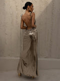 Metallic Coated Deep Neck Backless Evening Dress