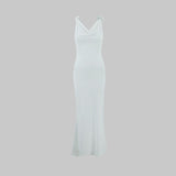 Women Slim Fit Sexy Evening Dress Deep V Plunge neck Backless Floral Decorative Shoulder Strap Fishtail Dress