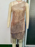 Shoulder Tassel Stitching Sequ Dress Evening Dress