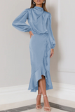 Elegant Solid Flounce Fold Turtleneck Evening Dress