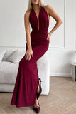 Sexy Solid Color Backless Ruched Halter Evening Dresses