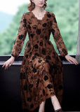 Elegant Coffee Cinched Print Lace Long Dresses Spring