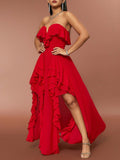 Red Ruffle  Tube Top V neck Flounce Backless Evening Dress