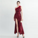 Hand Nailed Ostrich Feather Off Shoulder Sequined Evening Dress with Roman Collar