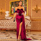 Velvet One Shoulder Slit Floor Length Prom Dress