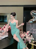 Green Sequin High-Slit Evening Dress ¨C Elegant Party & Formal Gown