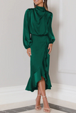 Elegant Solid Flounce Fold Turtleneck Evening Dress