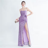 Gathers Sequ Handmade Floral Split Sling Simple Evening Dress