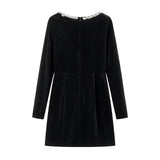 TARUXY Bead Drill Velveteen Dress For Women Long Sleeve Slim Black Formal Dress Female Party Elegant Retro Evening Dresses Femme