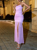 Mesh Stitched Backless Split Maxi Evening Dress