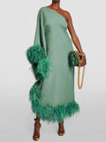 Spring Summer Women Clothing Feather One Shoulder Large Swing Evening Dress ¨C Elegant and Stylish Option for Special Occasions