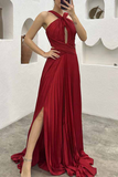 Elegant Solid Fold Halter Evening Dress Dresses