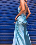 Gaby Blue Wrap Up Backless Satin Slip Dress Gown