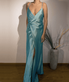 Gaby Blue Wrap Up Backless Satin Slip Dress Gown