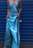 Gaby Blue Wrap Up Backless Satin Slip Dress Gown
