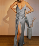 Gaby Blue Wrap Up Backless Satin Slip Dress Gown