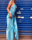 Gaby Blue Wrap Up Backless Satin Slip Dress Gown